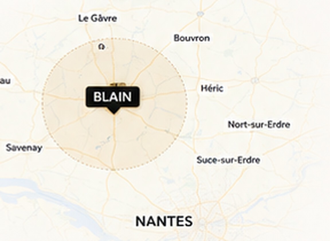 Carte de la zone desservie autour de Blain, dans un rayon de 30 km